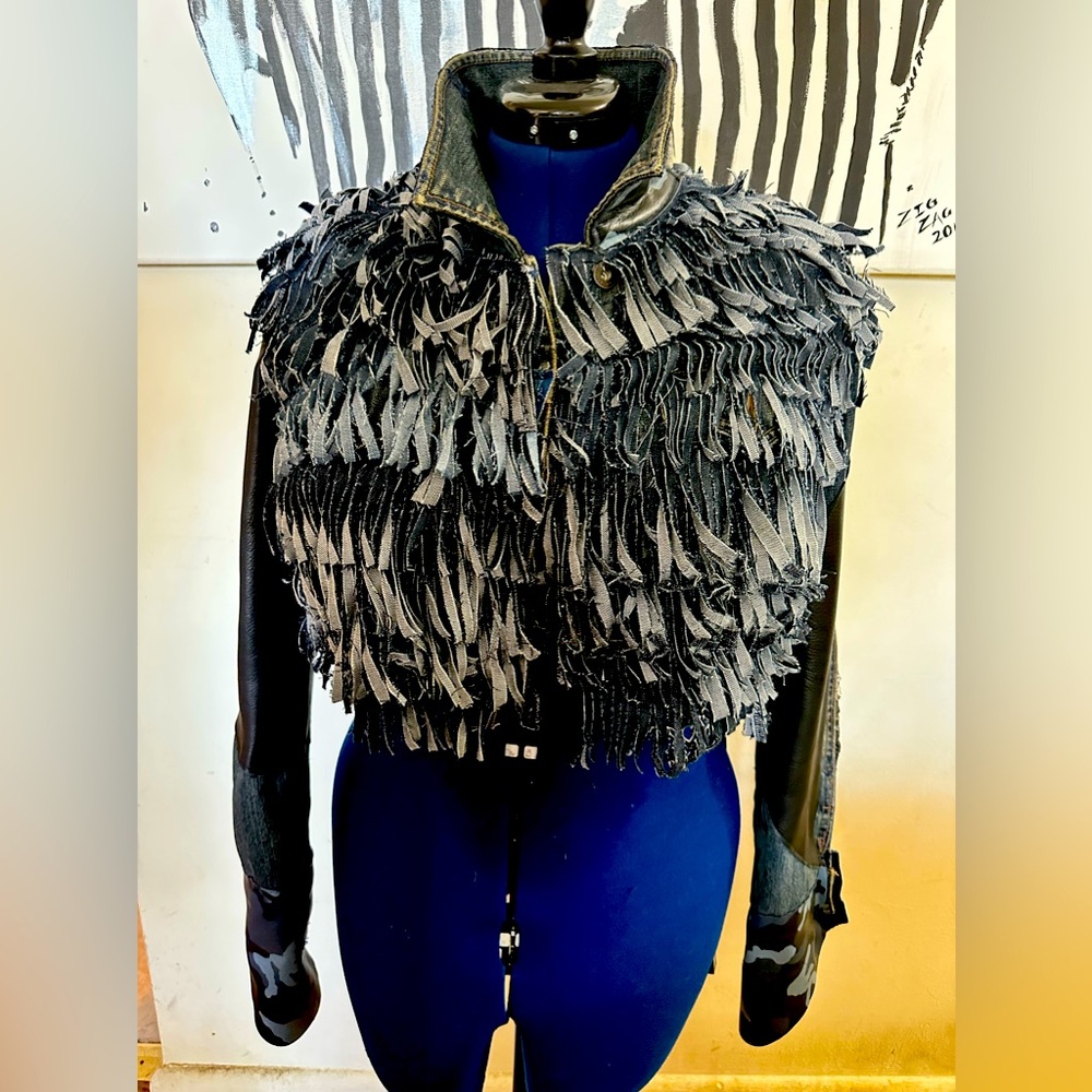 Women’s Denim/Blue Camouflaged/Black Leather Fringed Jacket ❌SOLD❌